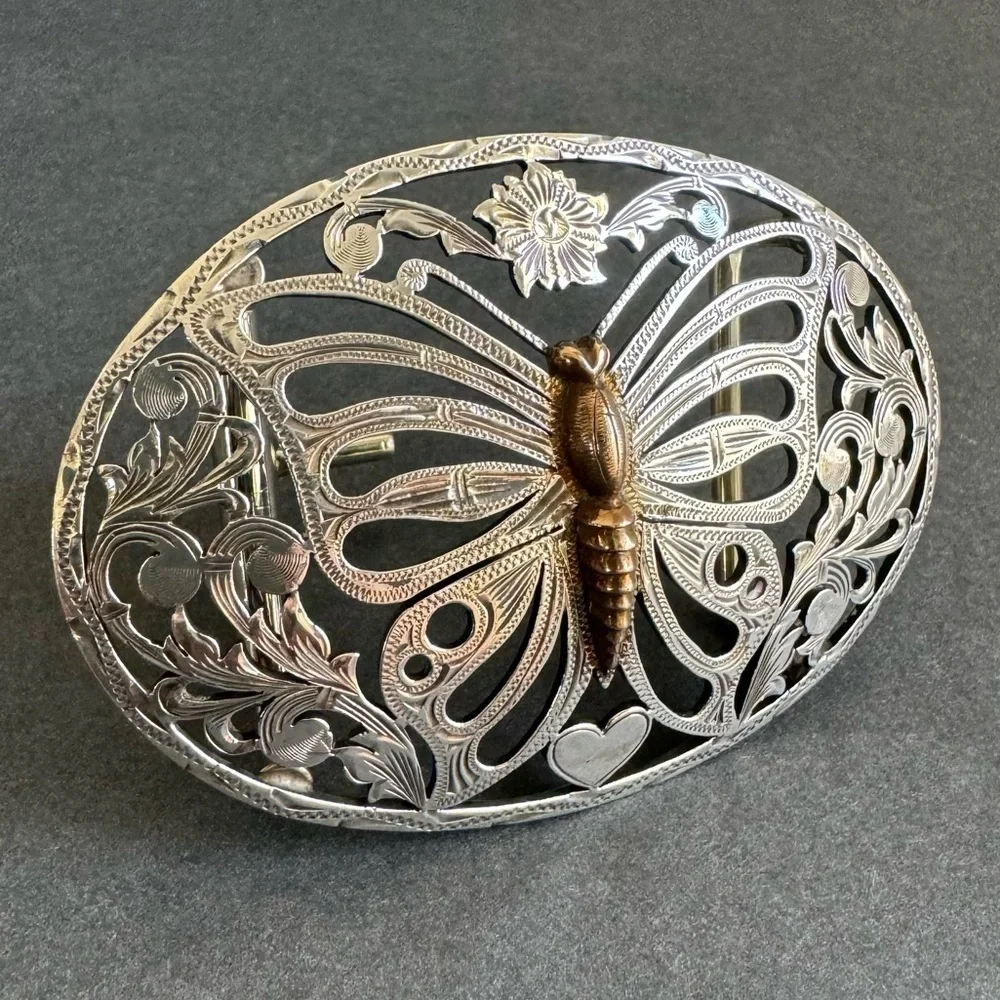 Fleming Butterfly Belt Buckle‎ Sterling Silver Filigree Etched Coastal Cowgirl